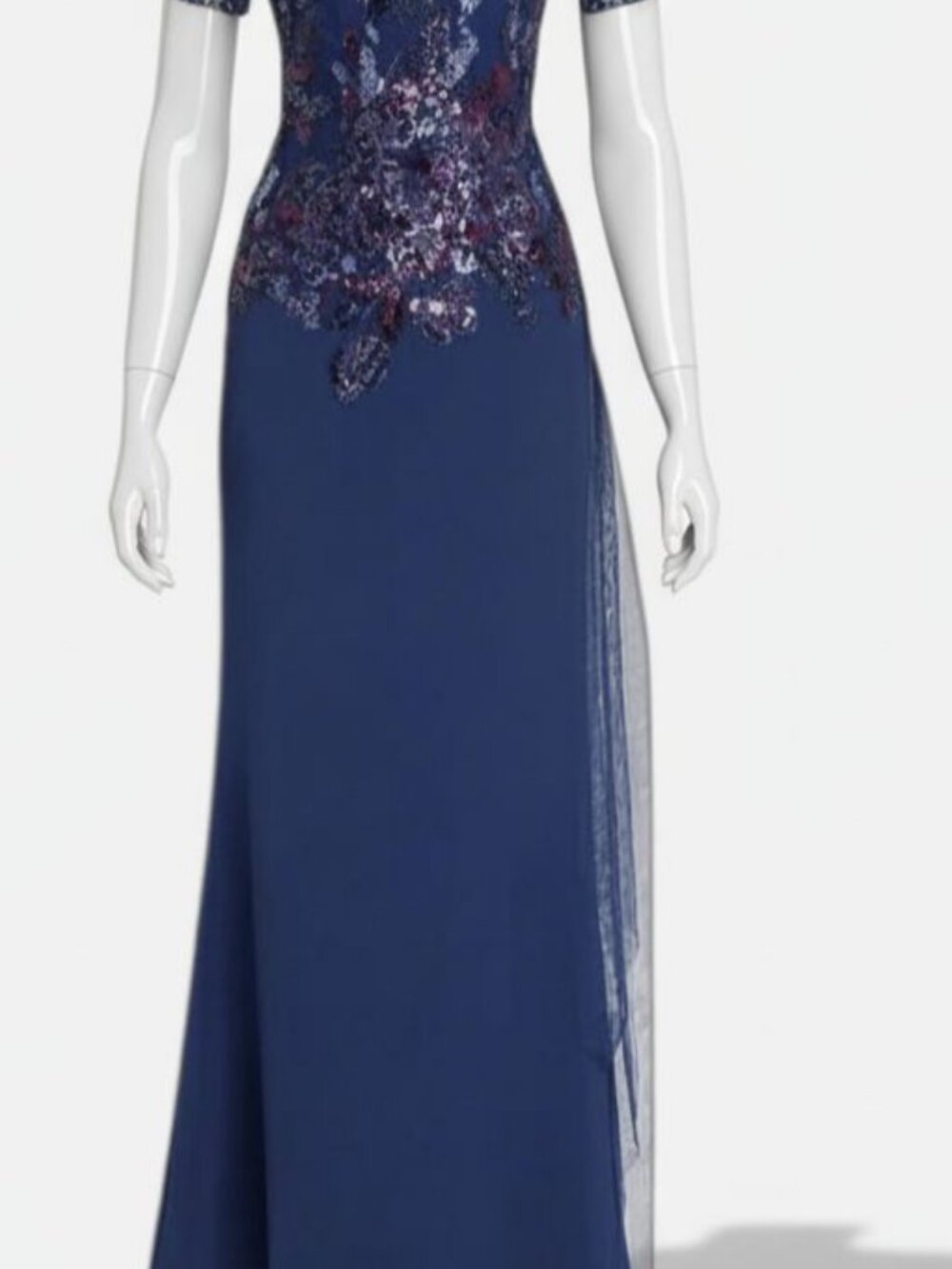 Badgley Mischka's Women's Blue Beaded Lace Flutter-Sleeve Gown Dress size 2